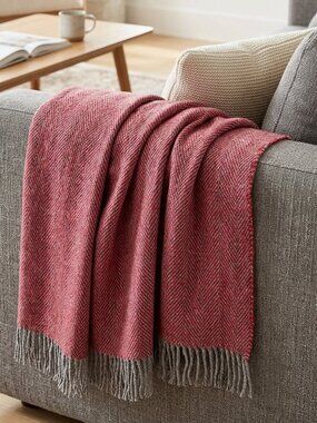 Woolmark 100% Pure New Wool Red and Gray Herringbone Throw Blanket